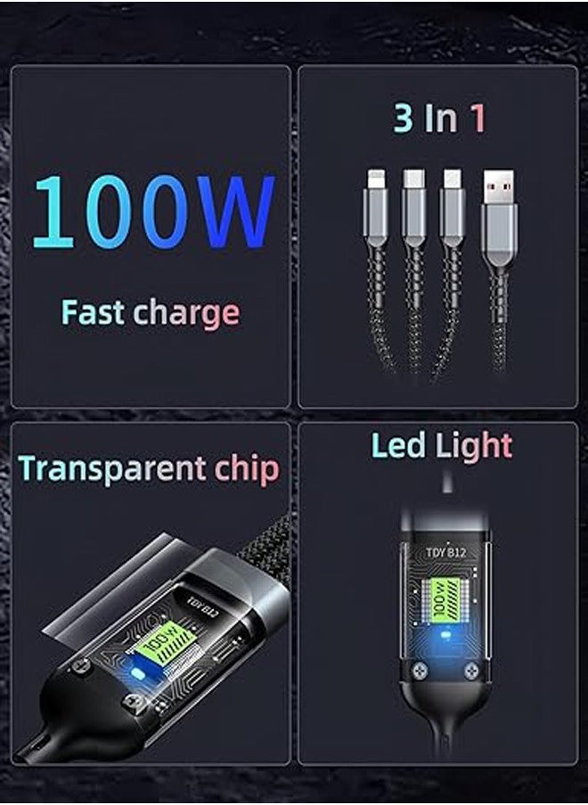 3-in-1 Fast Charging Cable – 100W, Type-C + Micro USB + Lightning, 1.2m Nylon Braided