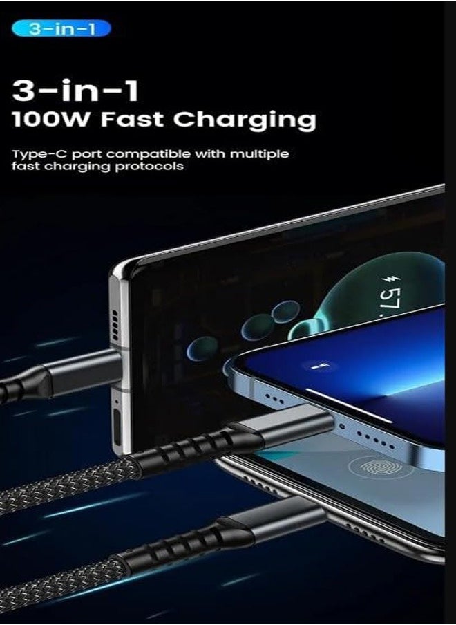3-in-1 Fast Charging Cable – 100W, Type-C + Micro USB + Lightning, 1.2m Nylon Braided