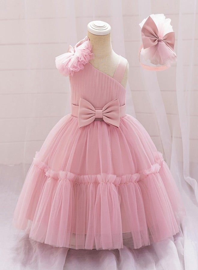 OBEEII Toddler Baby Girls Pageant Dress Formal Bowknot Birthday Party Photoshoot Tulle Tutu Dress with Headband Infant Princess Baptism Prom Wedding Flower Girl Ball Gown Dusty Pink 2-3 T - Image 4