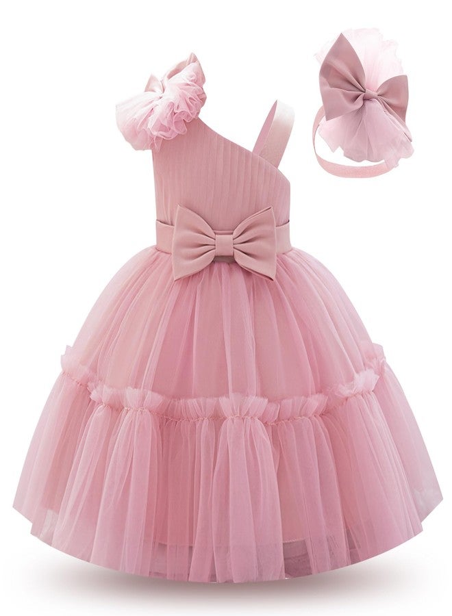 OBEEII Toddler Baby Girls Pageant Dress Formal Bowknot Birthday Party Photoshoot Tulle Tutu Dress with Headband Infant Princess Baptism Prom Wedding Flower Girl Ball Gown Dusty Pink 2-3 T - Image 1