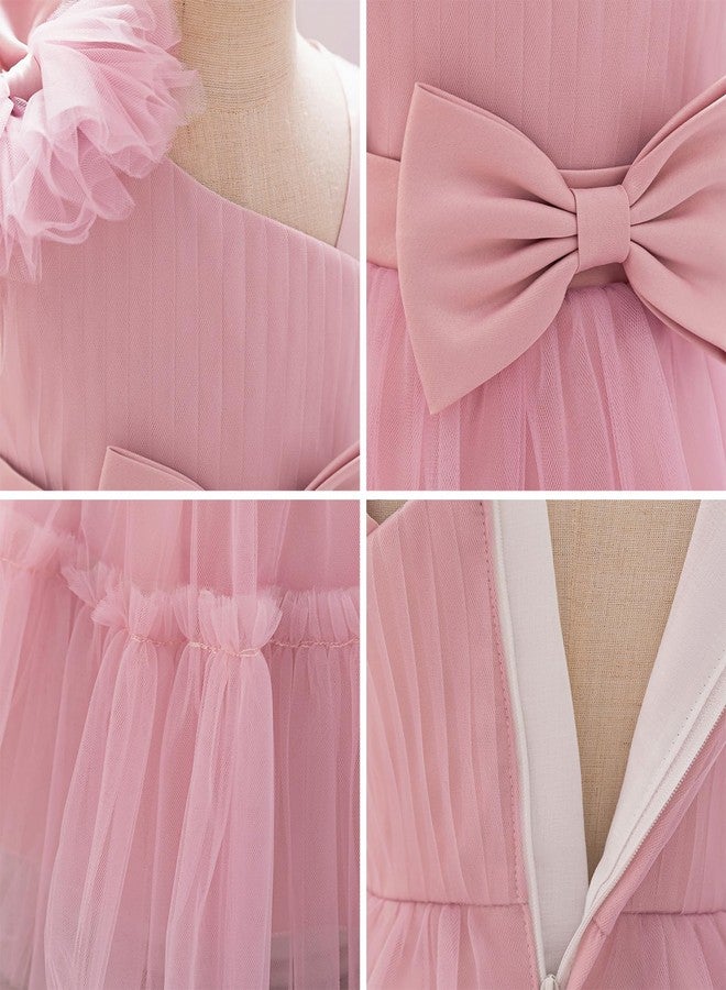OBEEII Toddler Baby Girls Pageant Dress Formal Bowknot Birthday Party Photoshoot Tulle Tutu Dress with Headband Infant Princess Baptism Prom Wedding Flower Girl Ball Gown Dusty Pink 2-3 T - Image 2