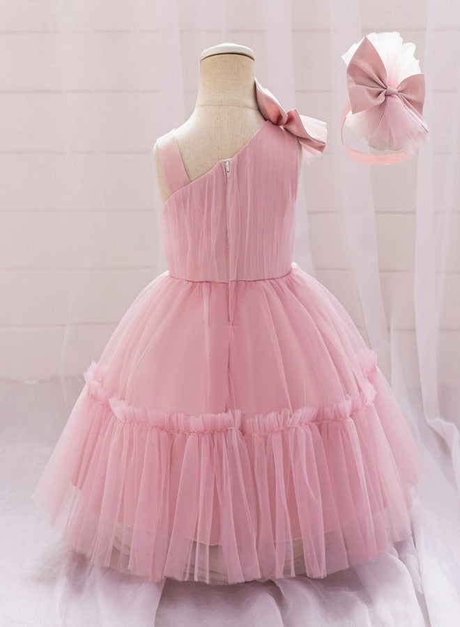 OBEEII Toddler Baby Girls Pageant Dress Formal Bowknot Birthday Party Photoshoot Tulle Tutu Dress with Headband Infant Princess Baptism Prom Wedding Flower Girl Ball Gown Dusty Pink 2-3 T - Image 3