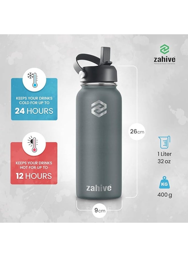 Zahive Stainless Steel Water Bottle 1l with 3 Lids & Bag - Insulated Water Bottle with Straw - 1000ml Double Wall Thermos Flask for Travel Hot & Cold Drinks, Sports, Gym, Leak Proof (32oz, Cool Gray) - Image 2
