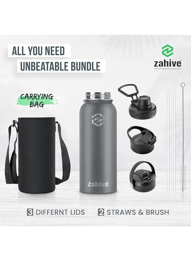 Zahive Stainless Steel Water Bottle 1l with 3 Lids & Bag - Insulated Water Bottle with Straw - 1000ml Double Wall Thermos Flask for Travel Hot & Cold Drinks, Sports, Gym, Leak Proof (32oz, Cool Gray) - Image 5