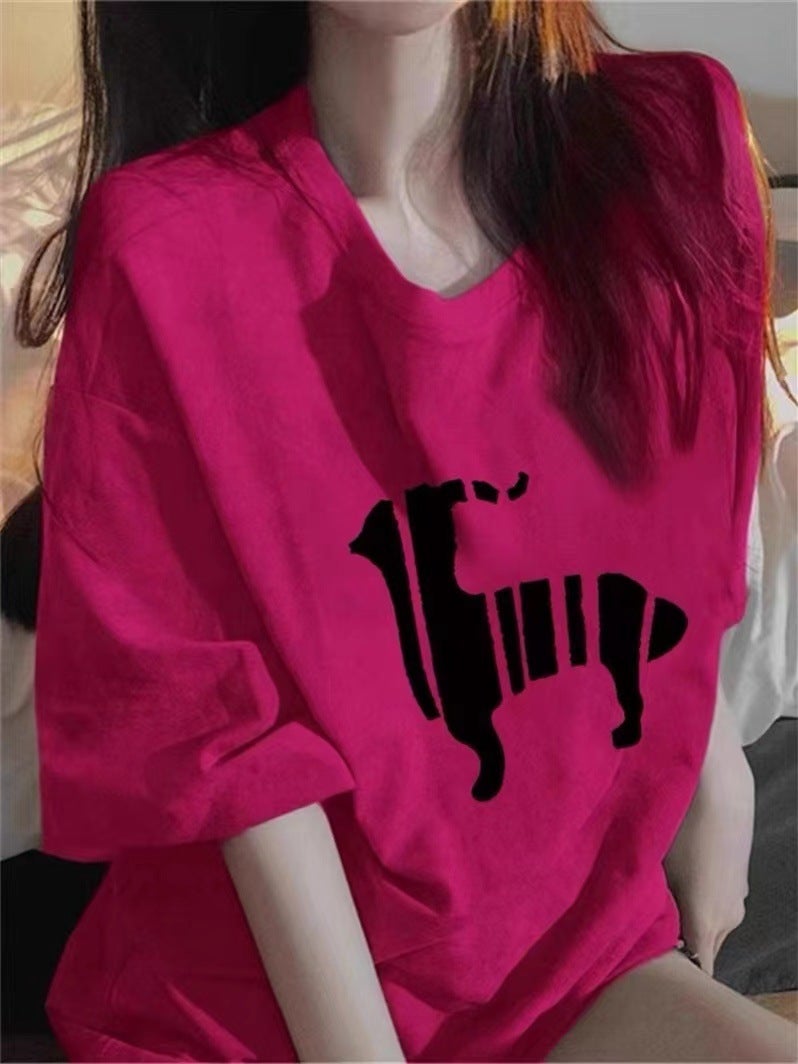 Pure Cotton Lamb Shoulder Short-Sleeved T-Shirt Women'S Summer Loose Slimming Design Sense Niche Hong Kong Flavor Chica Top Printing - Image 2