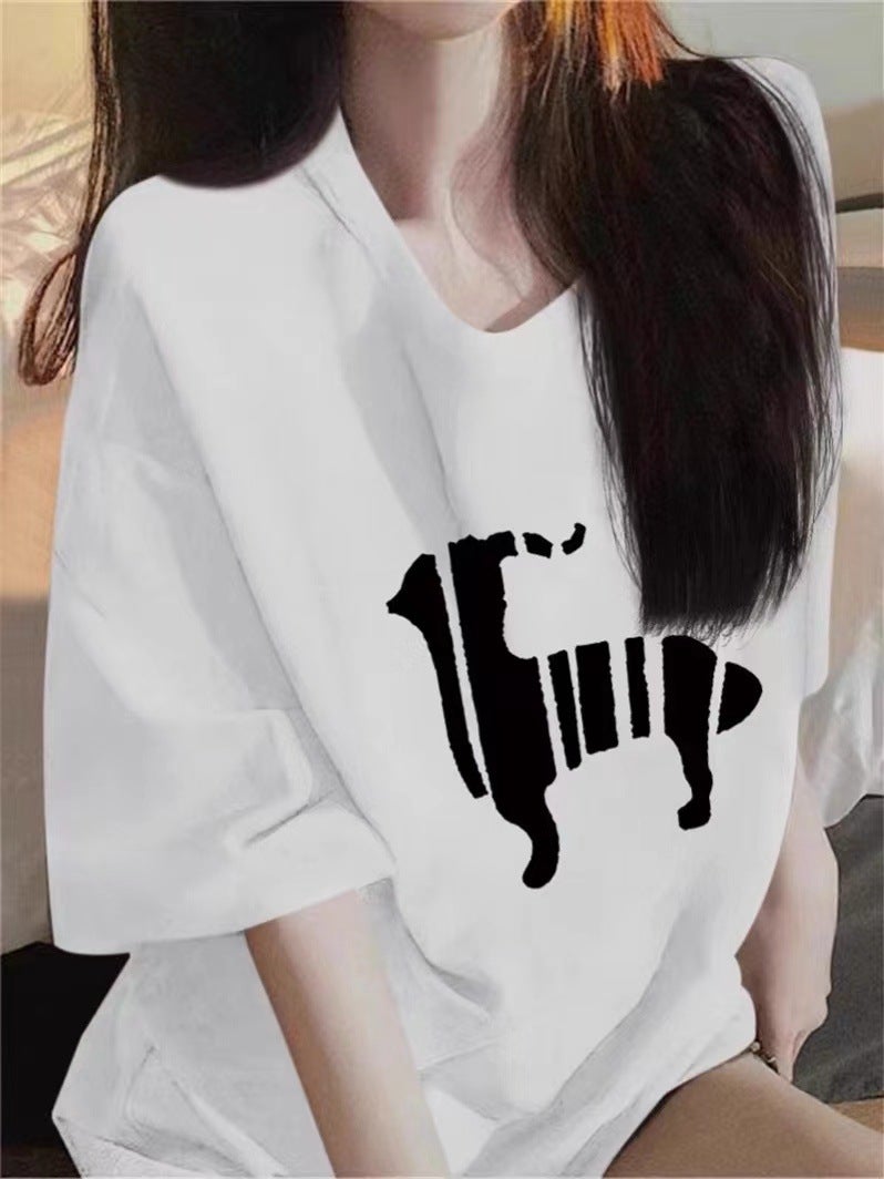 Pure Cotton Lamb Shoulder Short-Sleeved T-Shirt Women'S Summer Loose Slimming Design Sense Niche Hong Kong Flavor Chica Top Printing - Image 1