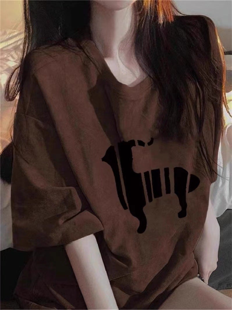 Pure Cotton Lamb Shoulder Short-Sleeved T-Shirt Women'S Summer Loose Slimming Design Sense Niche Hong Kong Flavor Chica Top Printing - Image 4