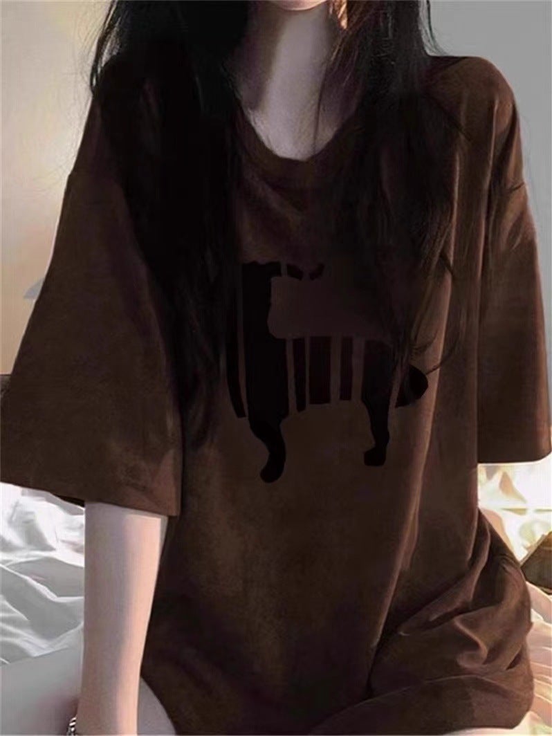 Pure Cotton Lamb Shoulder Short-Sleeved T-Shirt Women'S Summer Loose Slimming Design Sense Niche Hong Kong Flavor Chica Top Printing - Image 3
