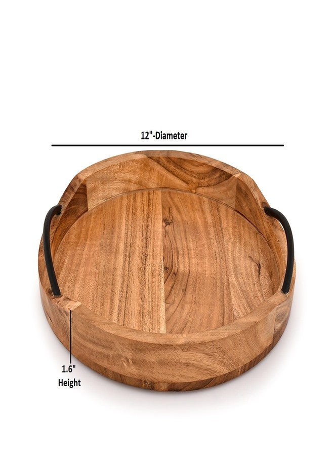 BHAVATU Serving Tray Acacia Wood for Serving Tea, Breakfast in Bed, Living Room Tray Rustic with Farmhouse Style, Decorative Handle (12" x 12" x 1.6") - Image 5