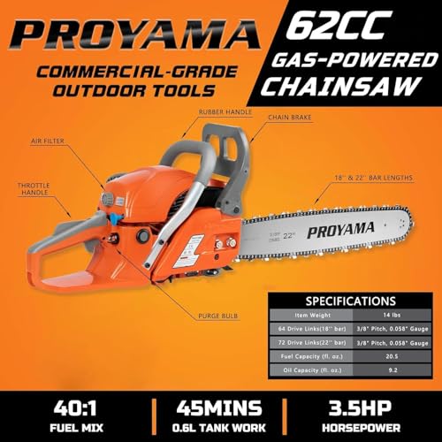 PROYAMA 62CC 2-Cycle Gas Powered Chainsaw, 22 Inch 18 Inch Handheld Cordless Petrol Chain Saw for Tree Wood Cutting - Image 2