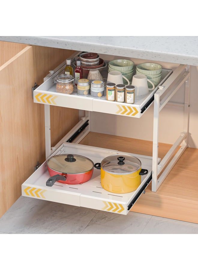 REALINN 2 Tier Pull Out Cabinet Organizer, 21 inch Depth Slide Out Shelves, Expandable 14"-22.5" Wide Heavy-Duty Cabinet Drawers for Kitchen Pots, Pans & Pantry Storage, White - Image 1