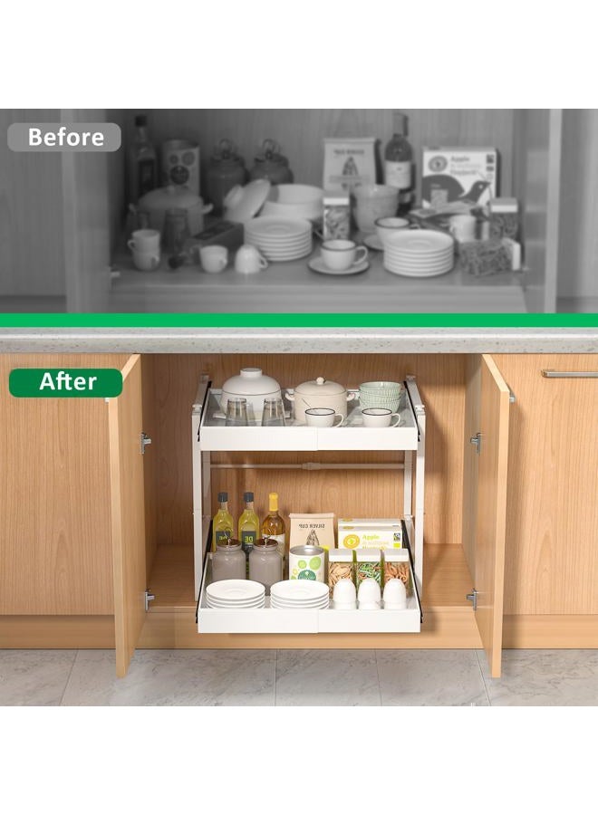 REALINN 2 Tier Pull Out Cabinet Organizer, 21 inch Depth Slide Out Shelves, Expandable 14"-22.5" Wide Heavy-Duty Cabinet Drawers for Kitchen Pots, Pans & Pantry Storage, White - Image 4
