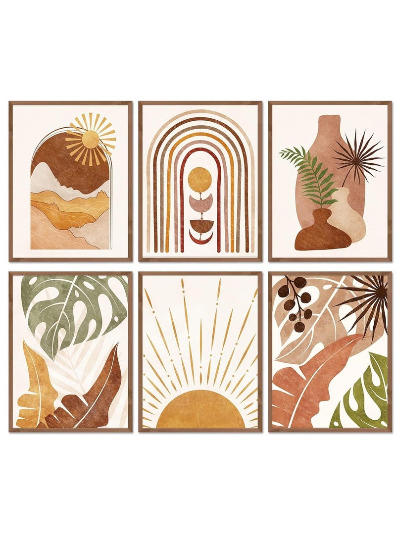 ميكسد 6pcs بوهيميا الجدارية الطباعة ، الحد الأدنى من الهندسة بوهيميا جدار اللوحة ، ورقة النخيل الشمس والقمر جبال الصحراء قوس قزح قماش الفن الحديث في القرون الوسطى الجدارية ، غرفة نوم بوهيميا الجدار الديكور - Image 1