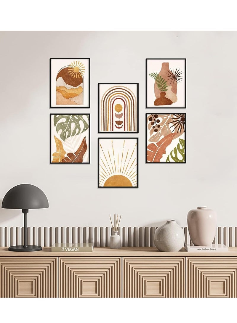 ميكسد 6pcs بوهيميا الجدارية الطباعة ، الحد الأدنى من الهندسة بوهيميا جدار اللوحة ، ورقة النخيل الشمس والقمر جبال الصحراء قوس قزح قماش الفن الحديث في القرون الوسطى الجدارية ، غرفة نوم بوهيميا الجدار الديكور - Image 2