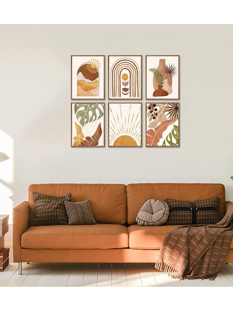 ميكسد 6pcs بوهيميا الجدارية الطباعة ، الحد الأدنى من الهندسة بوهيميا جدار اللوحة ، ورقة النخيل الشمس والقمر جبال الصحراء قوس قزح قماش الفن الحديث في القرون الوسطى الجدارية ، غرفة نوم بوهيميا الجدار الديكور - Image 3