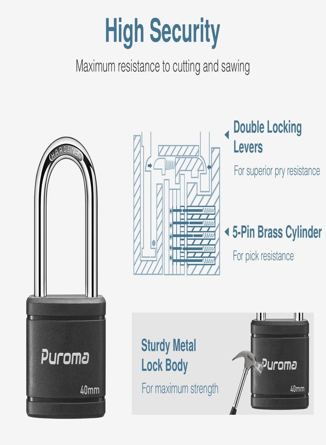 Puroma Keyed Padlock with 2 Keys Alike, 1.8 Inch Locker Lock 40mm Heavy-Duty Locks for Gate Fence Hasp Cabinet Toolbox School Gym Locker (Black) - Image 3
