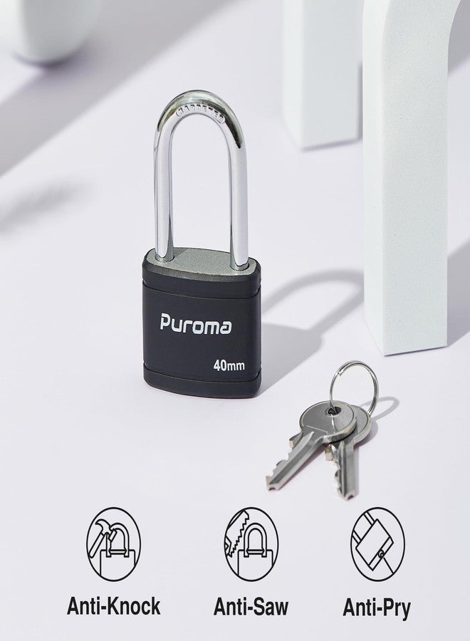 Puroma Keyed Padlock with 2 Keys Alike, 1.8 Inch Locker Lock 40mm Heavy-Duty Locks for Gate Fence Hasp Cabinet Toolbox School Gym Locker (Black) - Image 4