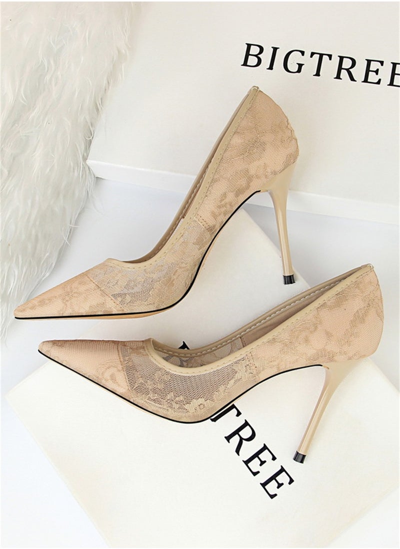 BIGTREE 9cm Slimming High-Heeled Pumps With Slim Heels And Shallow Cuts With Pointed Mesh Openwork Lace Pumps Beige  - Image 2