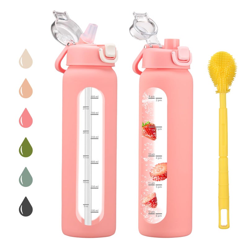 chunmo 32 oz Glass Water Bottles with 2 Lids-Handle Spout Lid & Straw Lid, 1 Liter Motivational Borosilicate Water Bottle with Time Marker and Silicone Sleeve,Leakproof-Pink-1 Pack - Image 1