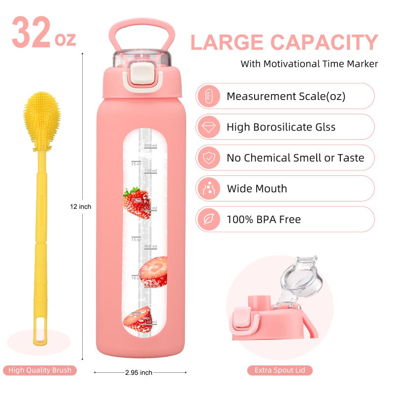 chunmo 32 oz Glass Water Bottles with 2 Lids-Handle Spout Lid & Straw Lid, 1 Liter Motivational Borosilicate Water Bottle with Time Marker and Silicone Sleeve,Leakproof-Pink-1 Pack - Image 4
