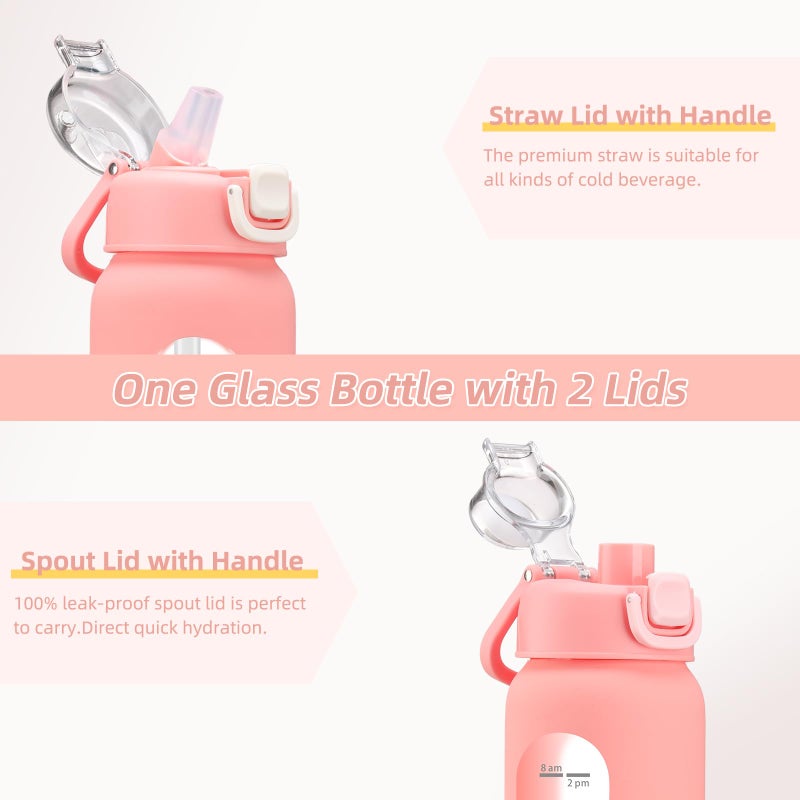 chunmo 32 oz Glass Water Bottles with 2 Lids-Handle Spout Lid & Straw Lid, 1 Liter Motivational Borosilicate Water Bottle with Time Marker and Silicone Sleeve,Leakproof-Pink-1 Pack - Image 2