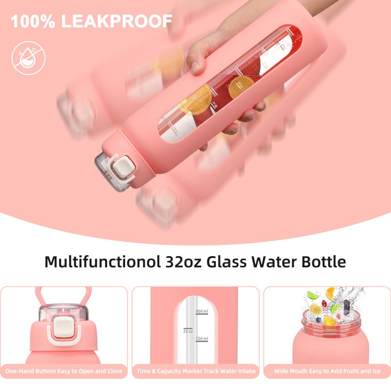 chunmo 32 oz Glass Water Bottles with 2 Lids-Handle Spout Lid & Straw Lid, 1 Liter Motivational Borosilicate Water Bottle with Time Marker and Silicone Sleeve,Leakproof-Pink-1 Pack - Image 3