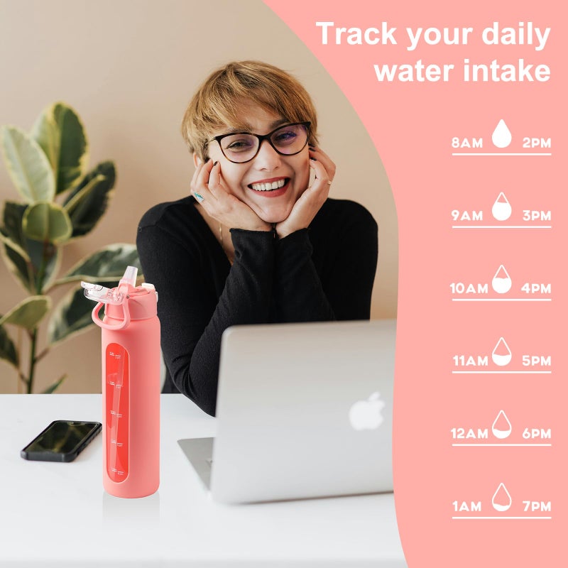 chunmo 32 oz Glass Water Bottles with 2 Lids-Handle Spout Lid & Straw Lid, 1 Liter Motivational Borosilicate Water Bottle with Time Marker and Silicone Sleeve,Leakproof-Pink-1 Pack - Image 5