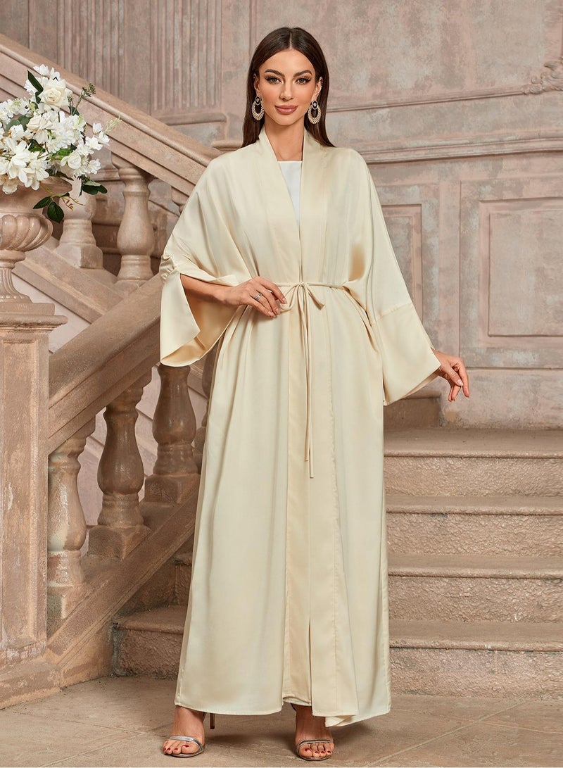 Saraia عباءة كريمة ساتان أنيقة مع حزام خصر - Image 3