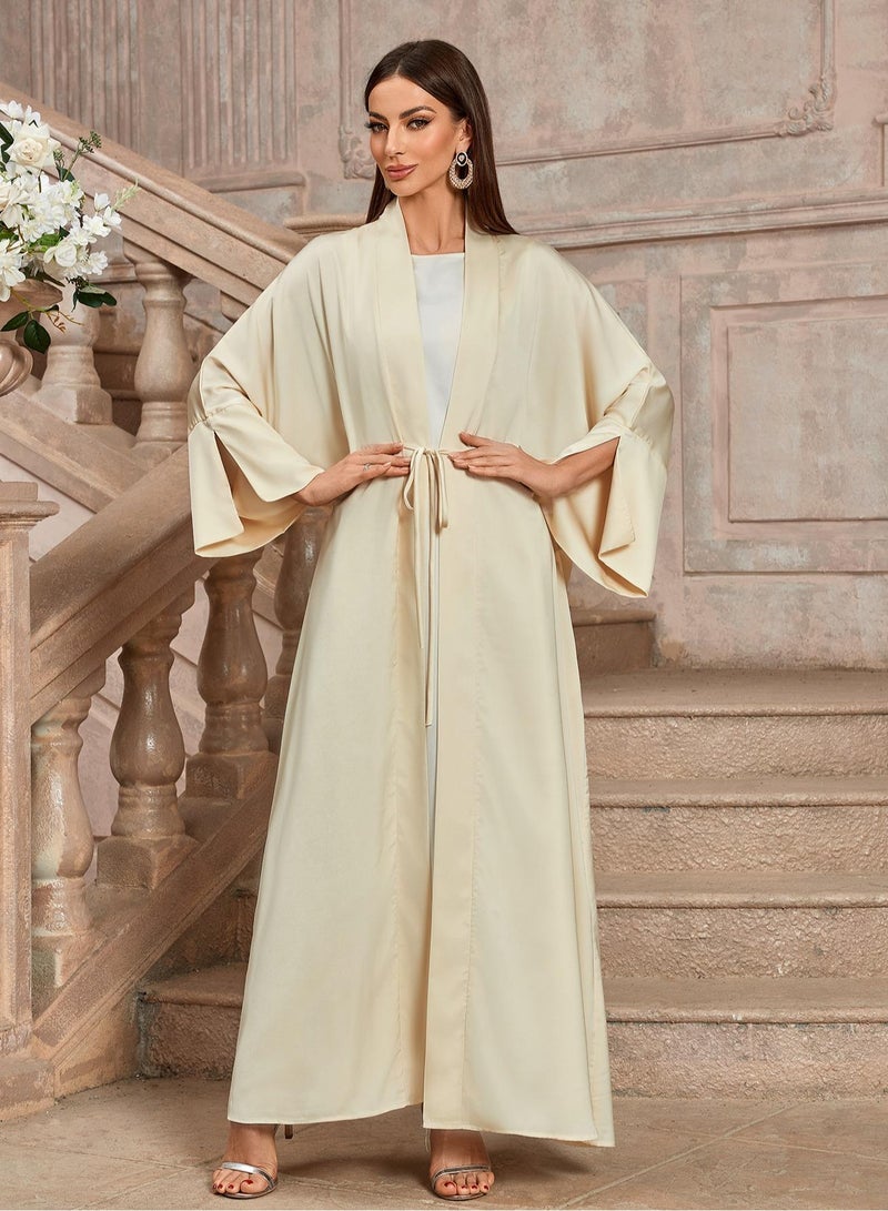 Saraia عباءة كريمة ساتان أنيقة مع حزام خصر - Image 5