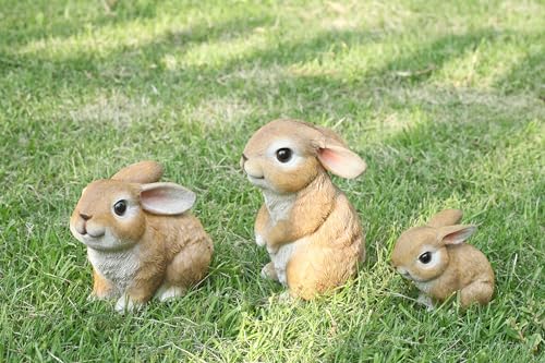 JORAE Bunny Statues Garden Decorations Set of 3 Outdoor Easter Rabbit Figurines for Yard Home Decor Table Animal Sculptures Indoor Polyresin Brown - Image 3