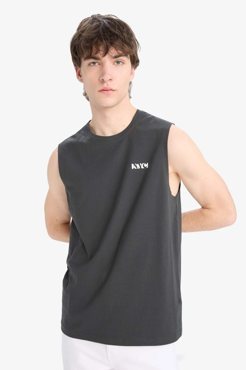 ديفاكتو Regular Fit Printed Crew Neck Cotton Tank Top