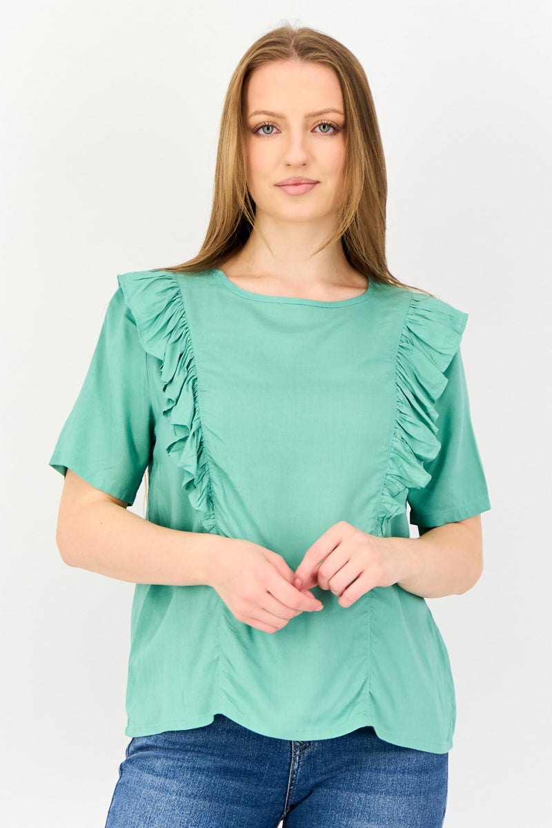 VERO MODA I scenery By Vero Moda Women Crew Neck Short Sleeve Solid Top, Light Green - Image 1