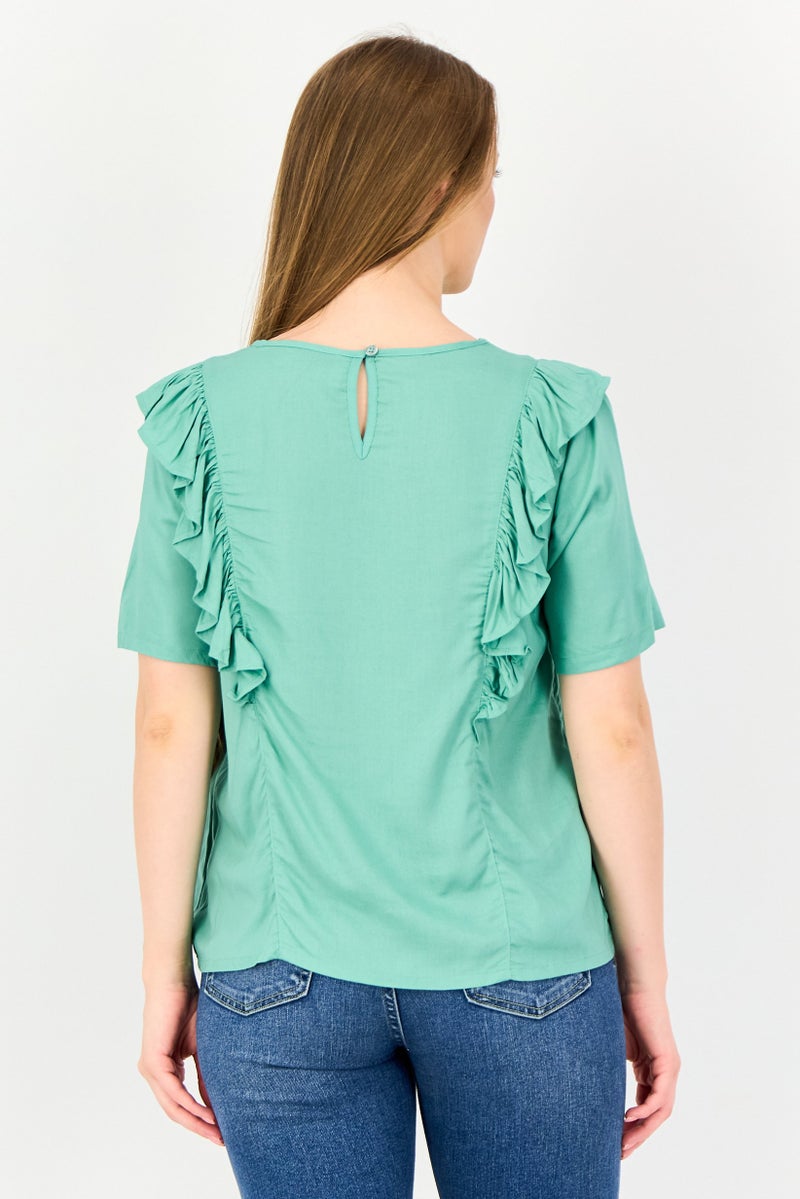 VERO MODA I scenery By Vero Moda Women Crew Neck Short Sleeve Solid Top, Light Green - Image 3