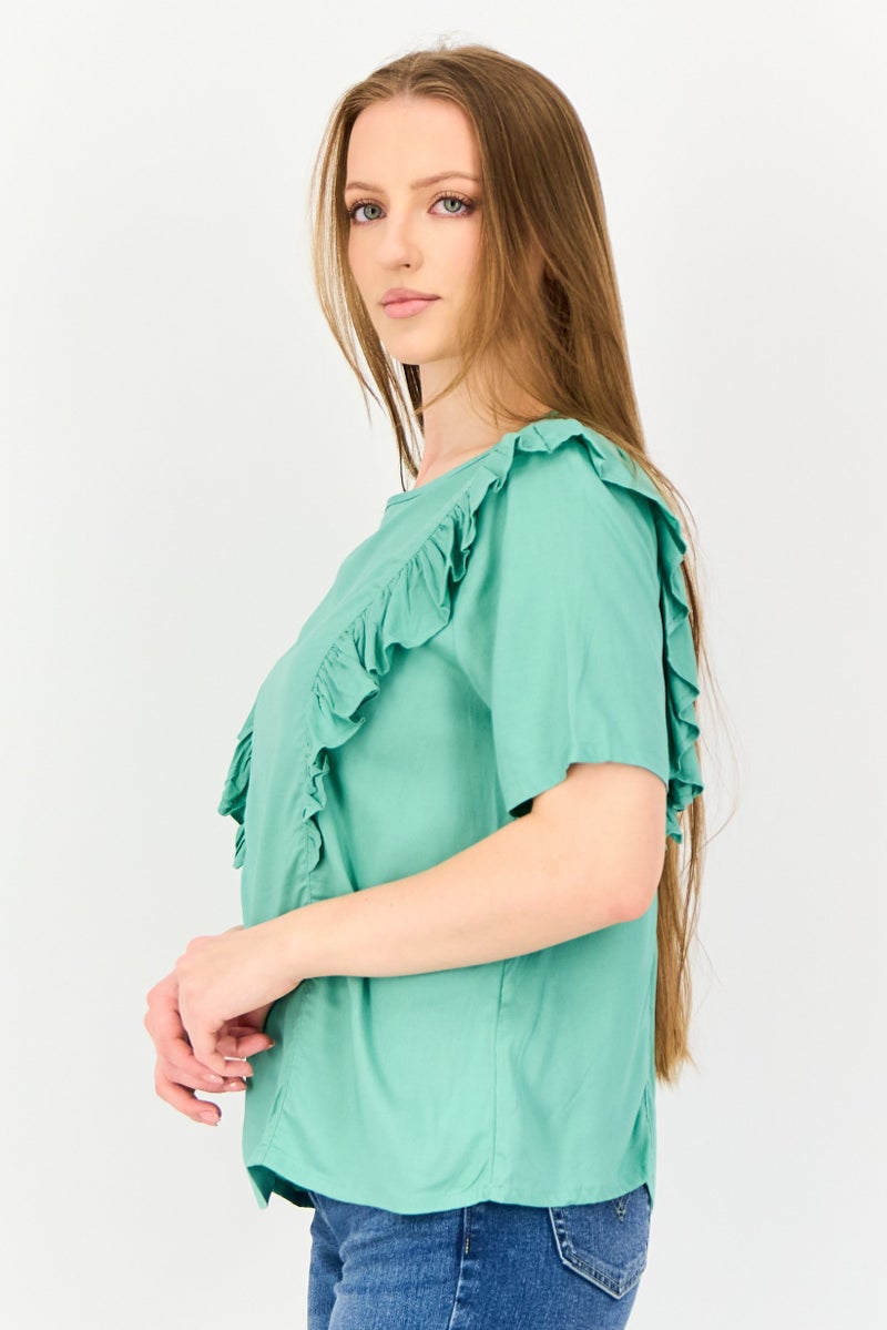 VERO MODA I scenery By Vero Moda Women Crew Neck Short Sleeve Solid Top, Light Green - Image 2