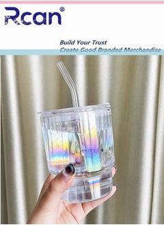 Rcan Aurora Color Portable Glass Water Bottle With Lid Pop-up Drink Mouth Hole Sealed Leak Proof Ice Cold Drink Coffee Milk Juice Water Drinking Cup for Kids Adults  - Image 3