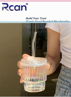 Rcan Aurora Color Portable Glass Water Bottle With Lid Pop-up Drink Mouth Hole Sealed Leak Proof Ice Cold Drink Coffee Milk Juice Water Drinking Cup for Kids Adults  - Image 2