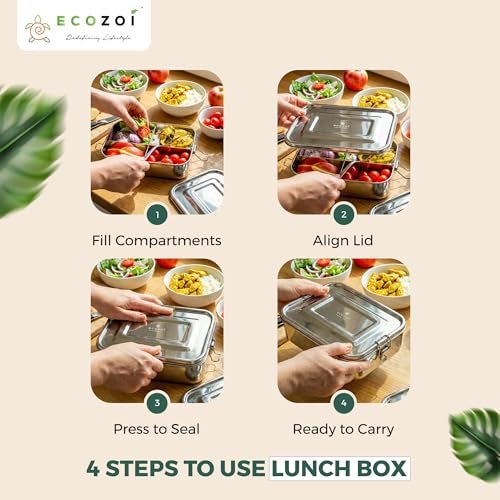 ecozoi Stainless Steel Eco Lunch Box 1500 ml, 4 Compartment, Leak Proof Bento Box, BPA-Free, Plastic-Free, Sustainable & Dishwasher Safe Tiffin for Adults & Kids - Image 2