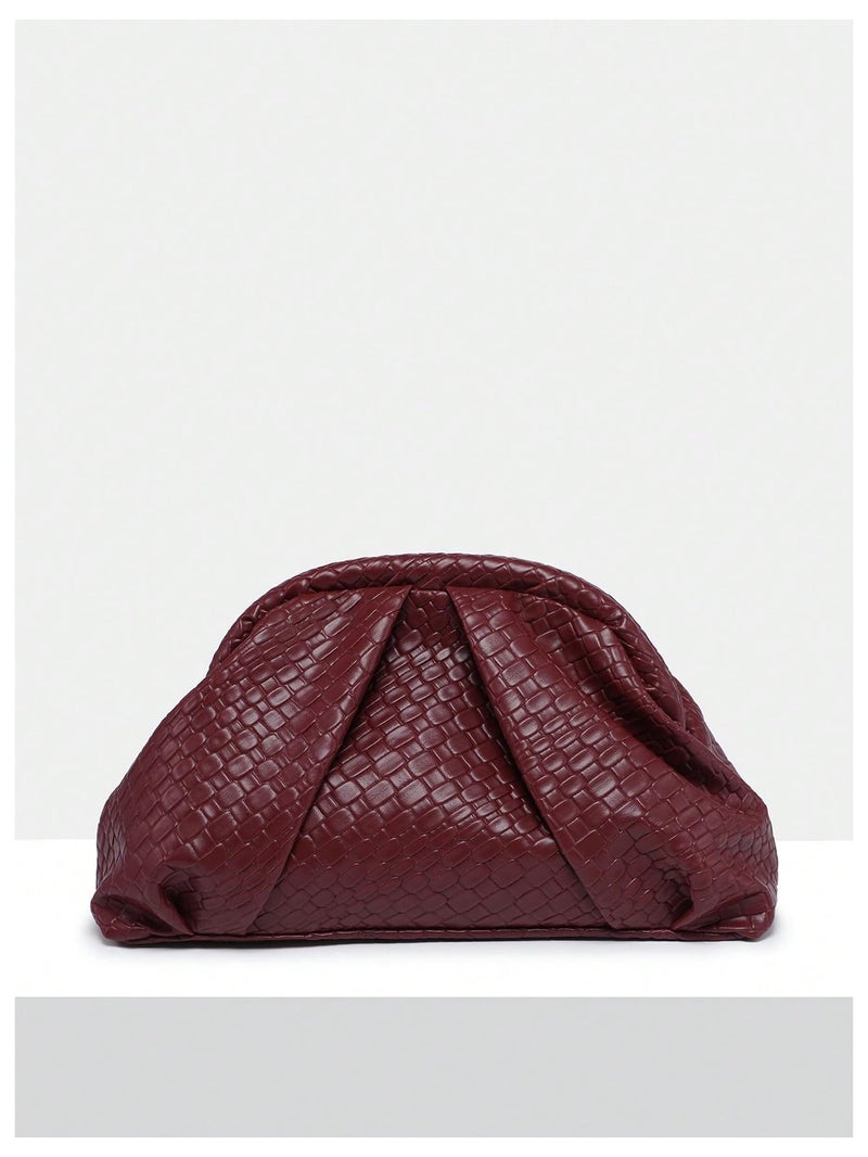 OYOANGLE Women's Minimalist Woven Leather Clutch Purses Textured Kiss Lock Pleated Vintage Evening Handbags Burgundy One-Size - Image 2