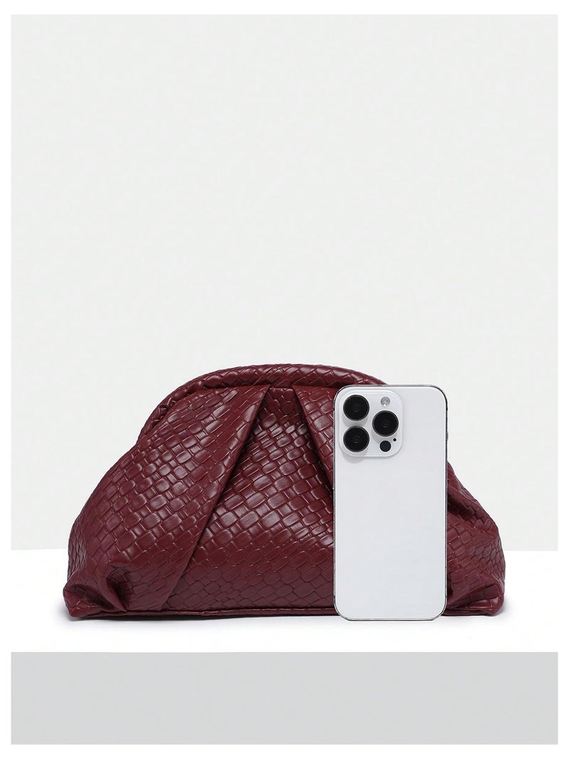 OYOANGLE Women's Minimalist Woven Leather Clutch Purses Textured Kiss Lock Pleated Vintage Evening Handbags Burgundy One-Size - Image 3