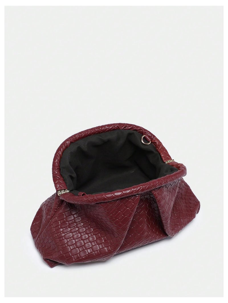 OYOANGLE Women's Minimalist Woven Leather Clutch Purses Textured Kiss Lock Pleated Vintage Evening Handbags Burgundy One-Size - Image 5