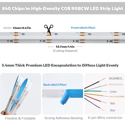 SuperlightingLED 24VDC Color Changing RGBCCT Dotless COB LED Strip Lights, High Density RGBCW 4200 LEDs Warm White to Daylight RGBWW Dimmable LED Light Strips(Non-Waterproof IP20), FCOB-24V-RGBCCT - Image 2