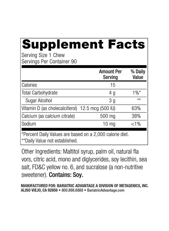 بارياتيك أدفانتج أقراص سيترات الكالسيوم من بارياتريك أدفانتج، ٥٠٠ ملغ، قابلة للمضغ - لمرضى جراحة السمنة - فيتامين د٣ - مكمل كالسيوم قابل للمضغ خالٍ من السكر - أقراص كالسيوم بارياتريك للمضغ - برتقال استوائي - ٩٠ قرصًا - Image 2