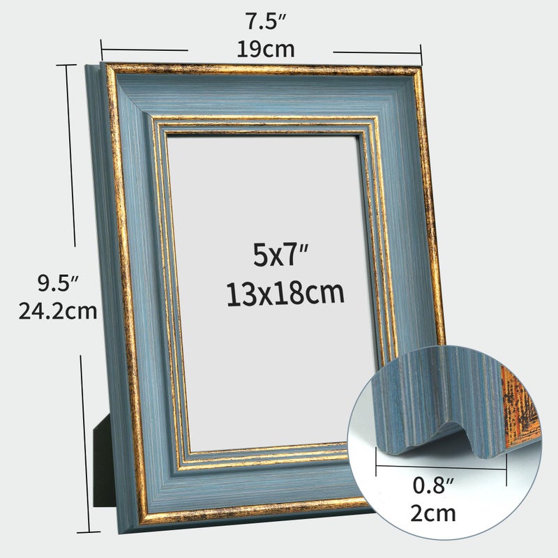 Sapowerntus Vintage 5x7 Picture Frame Gold Line Blue Distressed Photo Frames Set Antique Real Glass Wall Hanging Tabletop Display Home Decor Retro Shabby Chic Unique Gift - Image 2