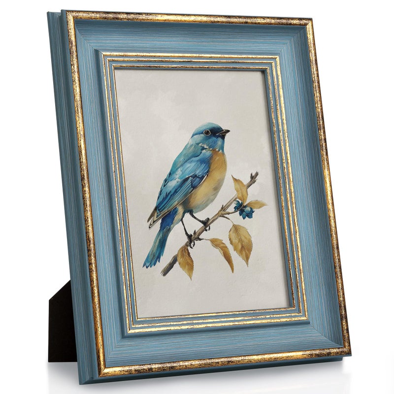 Sapowerntus Vintage 5x7 Picture Frame Gold Line Blue Distressed Photo Frames Set Antique Real Glass Wall Hanging Tabletop Display Home Decor Retro Shabby Chic Unique Gift - Image 1