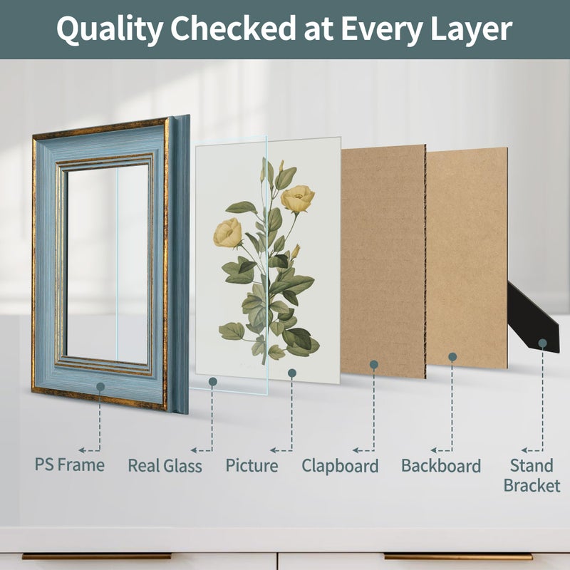 Sapowerntus Vintage 5x7 Picture Frame Gold Line Blue Distressed Photo Frames Set Antique Real Glass Wall Hanging Tabletop Display Home Decor Retro Shabby Chic Unique Gift - Image 3