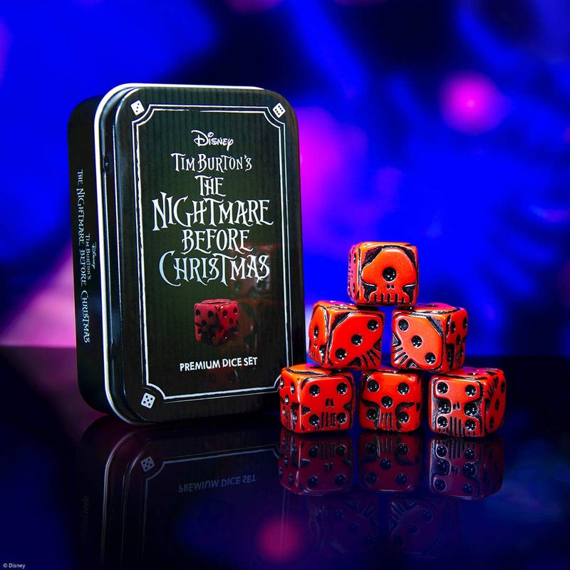 USAopoly USAOPOLY Nightmare Before Christmas Premium Dice Set | Collectible d6 Dice | Red & Black Custom Dice with Collectible Tin Case | Officially Licensed Disney 6-Sided Dice (AC004-291-002000-12) - Image 2