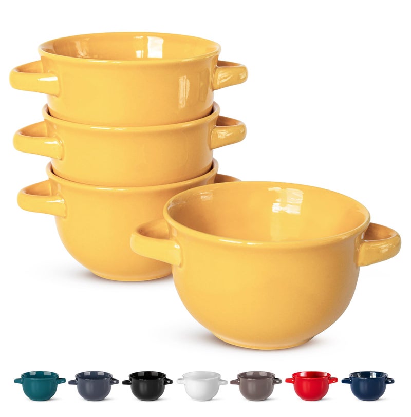 KooK French Onion Soup Bowls Crocks Oven Safe Bowls Soup Mugs Ceramic Bowls Dishwasher Microwave Set of 4 18 oz Yellow