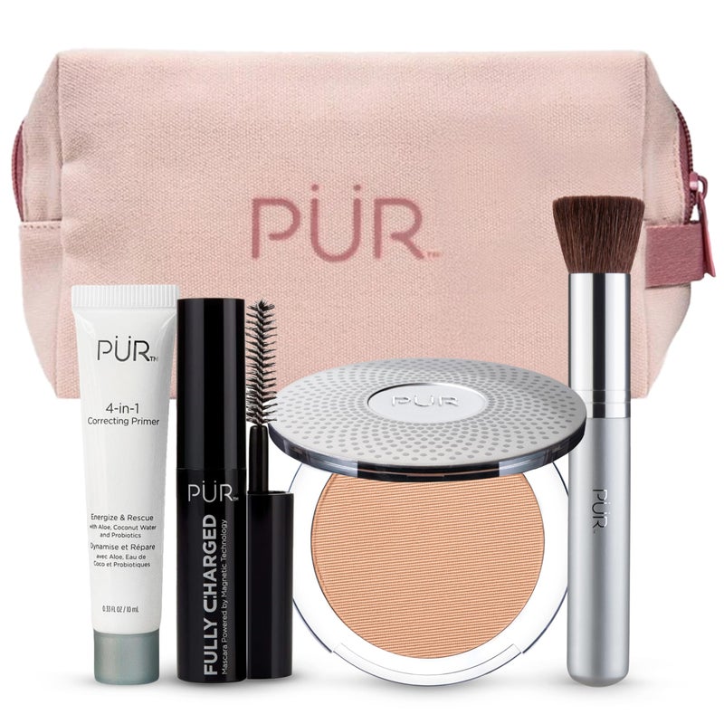 PR Minerals Multitasking Essentials Kit Blush Medium Makeup Gift Set Includes 4in1 Correcting Primer Fully Charged Mascara 4in1 Pressed Mineral Powder 1 Chisel Brush