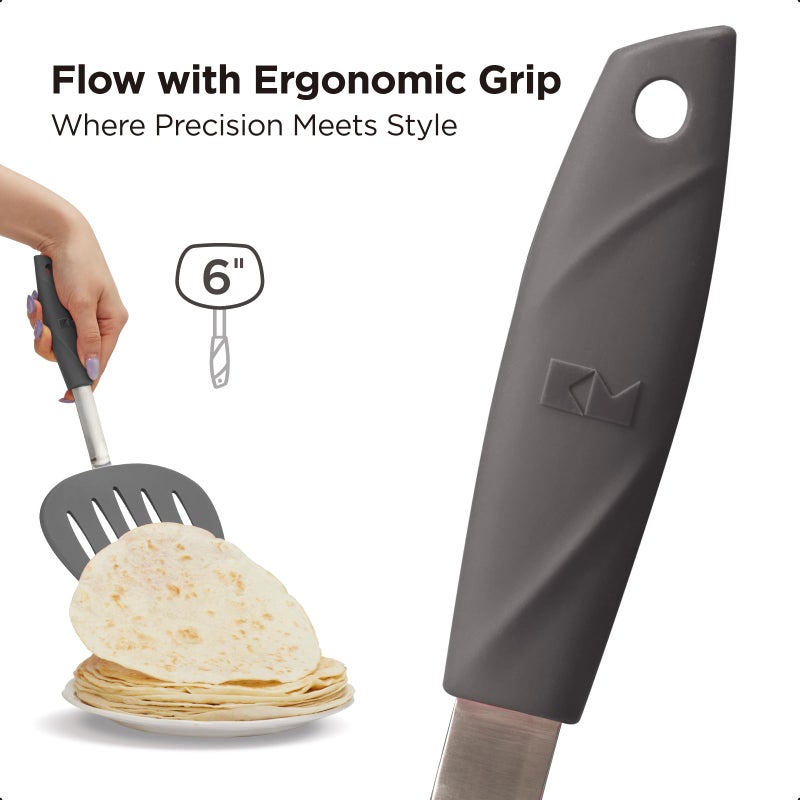 Kitchen Mama WaltzGrip Platinum Silicone Pancake Spatula Turner: Heat-Resistant  Slotted Tapered Head  Stainless Steel Core  Durable  Dishwasher-Safe  Ideal for Flipping and Wok Use (Metal Gray) - Image 3