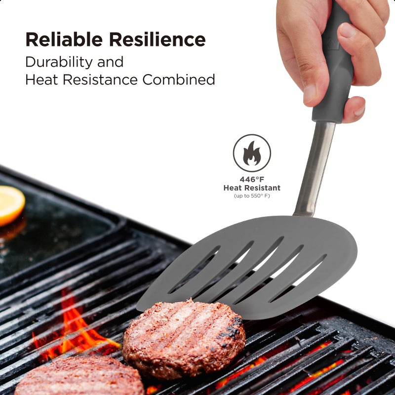 Kitchen Mama WaltzGrip Platinum Silicone Pancake Spatula Turner: Heat-Resistant  Slotted Tapered Head  Stainless Steel Core  Durable  Dishwasher-Safe  Ideal for Flipping and Wok Use (Metal Gray) - Image 4